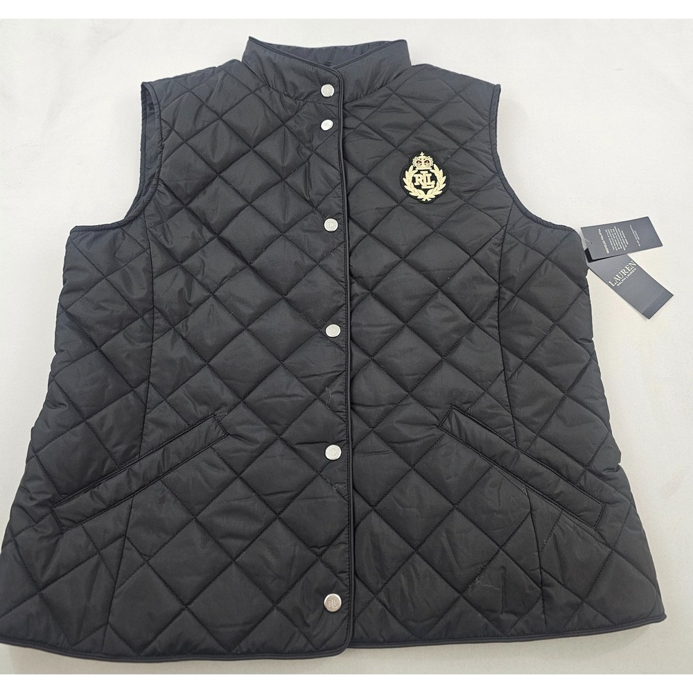 Lauren Ralph Lauren Women Black Quilted Vest Jacket Logo L 84922T NEW